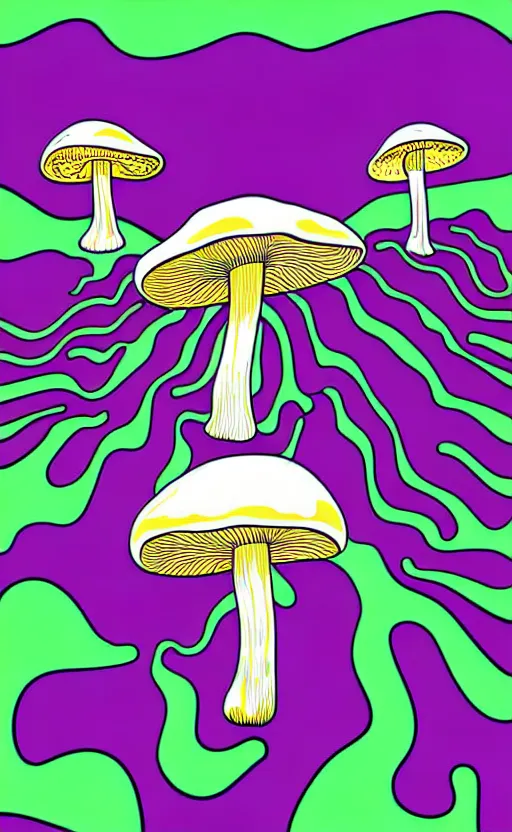 Image similar to psychedelic mushrooms wide angle shot, white background, vector art, illustration by salvador dali