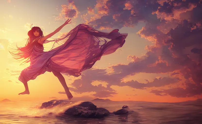 Image similar to Himalayan priestess dancing on water, beautiful flowing fabric, sunset, dramatic angle, realistic and detailed, by studio trigger, pixiv dslr photo by Makoto Shinkai rossdraws and Wojtek Fus