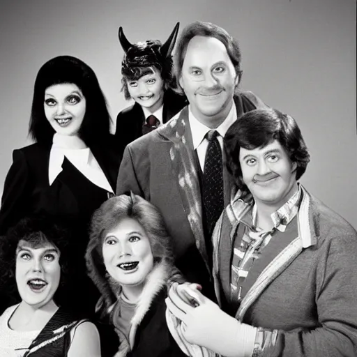 Prompt: vintage 1 9 8 0's sitcom publicity photo, a happy photogenic family and a large giant evil demonic horrifying angry detailed monstrous demon creature inside a 1 9 8 0's sitcom living room