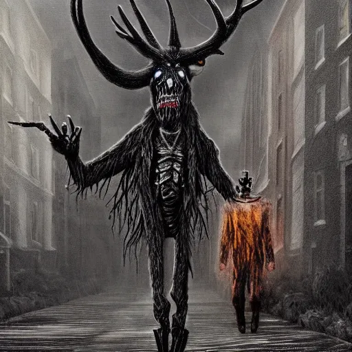 Prompt: terrifying wendigo walking through the center of old london city, oil painting, gloomy misty atmosphere, symmetrical, full body image, highly ornate intricate details, very sharp photo,