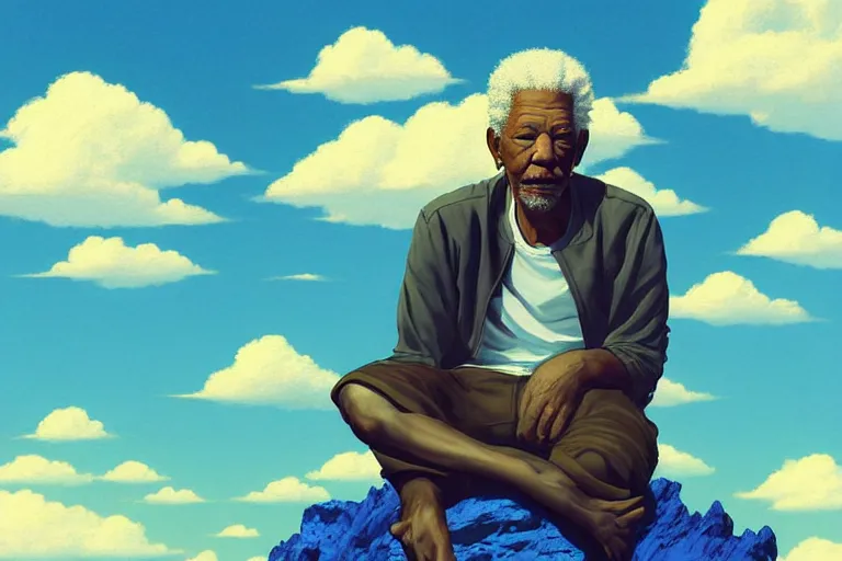 Image similar to Pixiv Digital art Full Body Extreme Detailed Full and Isolated and singular portrait of Morgan Freeman sitting on a Cloud in the sky. His legs are crossed lotus position in the scene is full of clouds by Ilya Kuvshinov and Greg Rutkowski