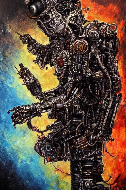 Prompt: a high detailed hyper - detailed painting of a rebel cyborg with a leather jacket, he wants to help free humans and eliminate the governments of the earth so that people can live in freedom and self - government but for that he needs to help raise human and robotic knowledge, psychedelic surreal magical dystopian technological utopian psycho spiritual art, chaotic anarchist art fulcolor