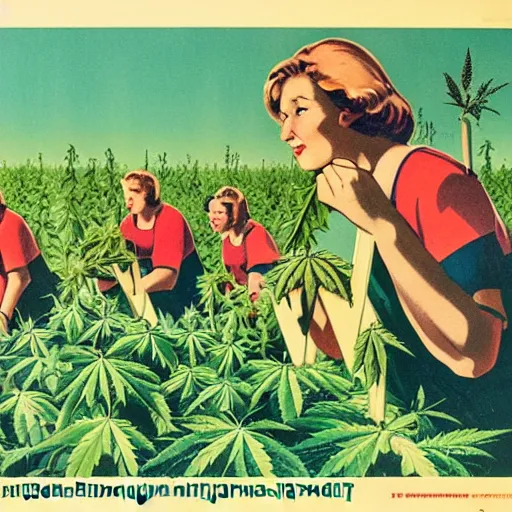 Image similar to a soviet propaganda poster of people harvesting cannabis plants