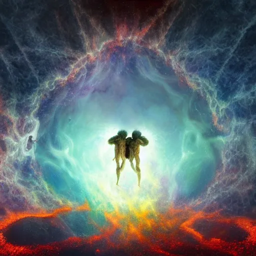 Image similar to two demons hug inside of an exploding nebula, beksinski, dariusz zawadzki, very coherent symmetrical artwork. cinematic, hyper realism, high detail, octane render, 8 k