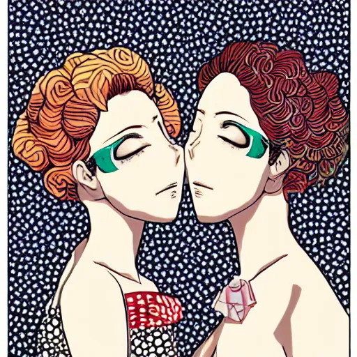 Image similar to closeup of two women made of patterns kissing each other, manga art by araki, jojo's bizarre adventure key visual