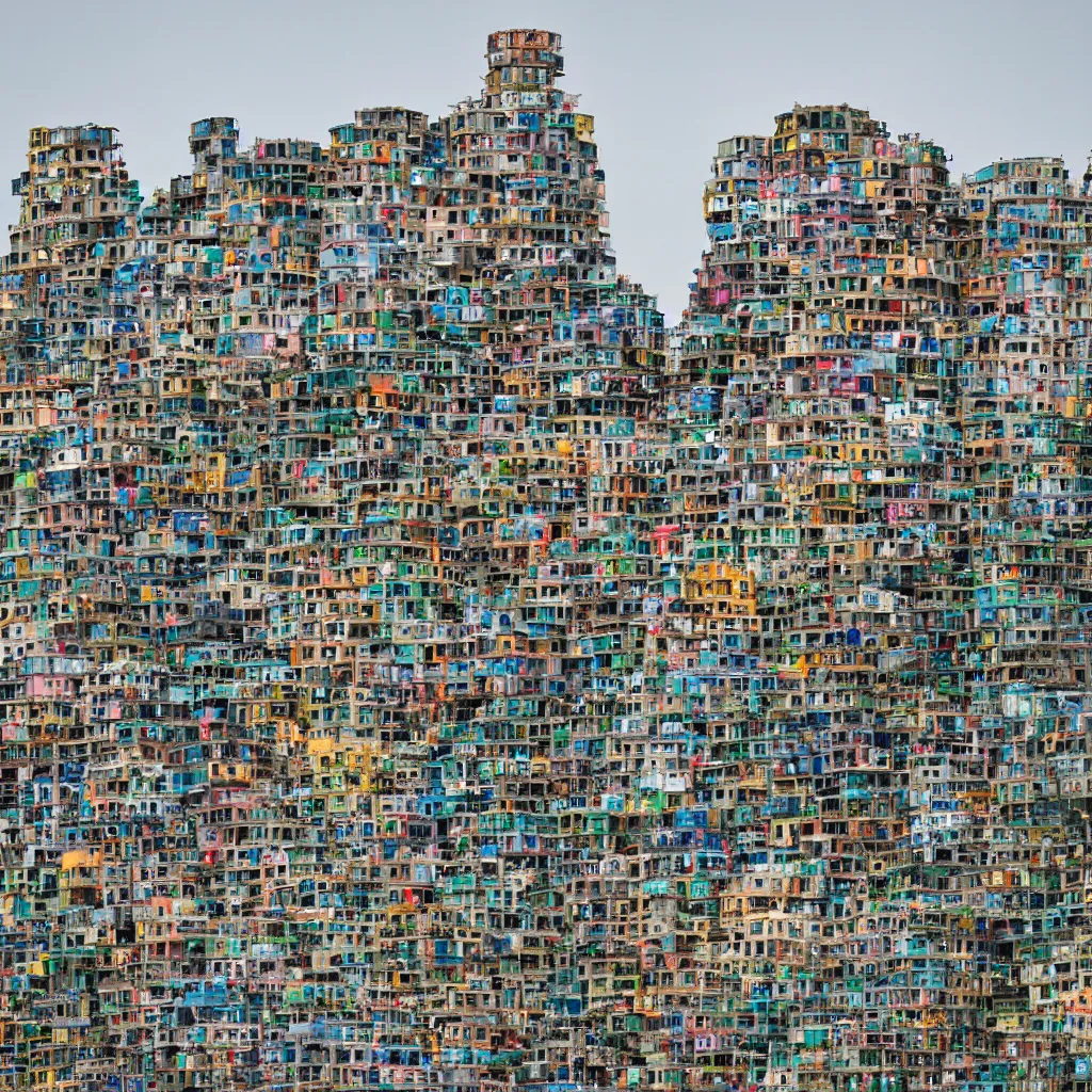 Image similar to a circular tower, made up of colourful makeshift squatter shacks, dystopia, sony a 7 r 3, f 1 1, fully frontal view, ultra detailed, photographed by hiroshi sugimoto,