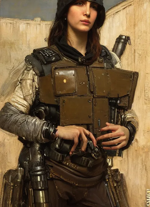 Image similar to beautiful cyberpunk pilot wearing military vest. Iranian orientalist portrait by john william waterhouse and Edwin Longsden Long and Theodore Ralli and Nasreddine Dinet, oil on canvas. Cinematic, hyper realism, dramatic lighting, high detail 4k