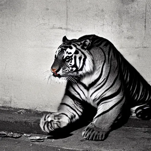 Image similar to retro photograph of a tiger smoking a joint in the streets of Dhaka at night, Kodak film photo