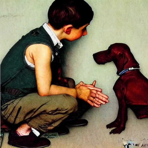 Prompt: A sad boy his hands at his face looking to a dog, artwork by Norman Rockwell, cinematic view, high quality