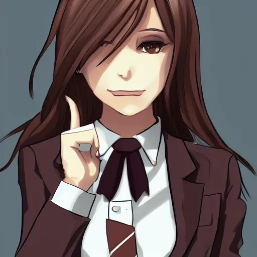 Image similar to female lawyer, business suit, brown neat hair, anime, pixiv, fanbox, trending on artstation, digital painting, defense attorney, clean, lightning