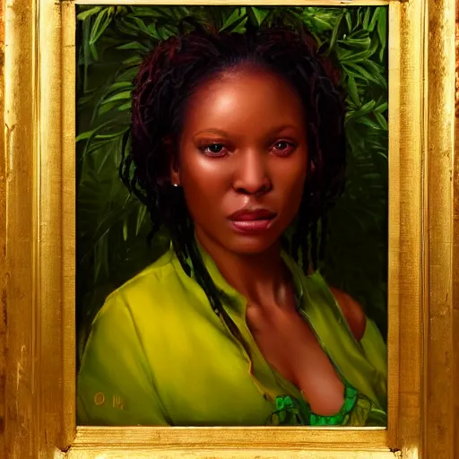 Prompt: portrait of a jamaican woman ( 3 5 ) from jamaica in 2 0 2 1, an oil painting by ross tran and thomas kincade