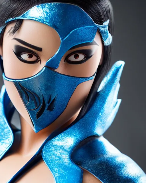 Prompt: Beautiful close highly detailed portrait of Kitana from Mortal Kombat in her iconic signature main outfit. Award-winning photography. XF IQ4, 150MP, 50mm, f/1.4, ISO 200, 1/160s, natural light, rule of thirds, symmetrical balance, depth layering, polarizing filter, Sense of Depth, AI enhanced