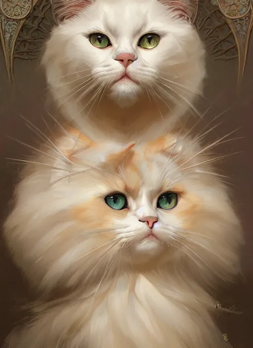 Image similar to symmetry!! portrait of ragdoll cat, fantasy, medieval wear, intricate, elegant, highly detailed, digital painting, artstation, concept art, smooth, sharp focus, illustration, art by artgerm and greg rutkowski and alphonse mucha