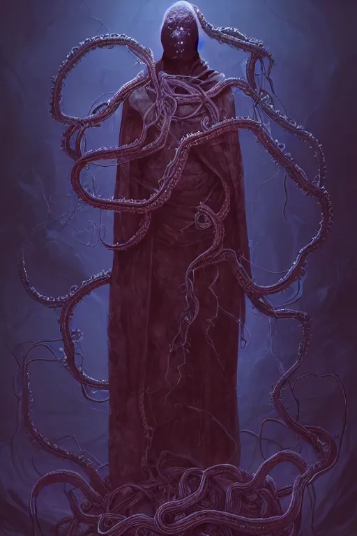 Image similar to A full body portrait of a mysterious shaman (male) with no face with a very long hooded dark purple cloak tentacles and vines coming out the ground art by Maciej Kuciara and Jason Chan, ominous, cosmic horror, trending on artstation, Ultra detailed, hyper realistic 4k