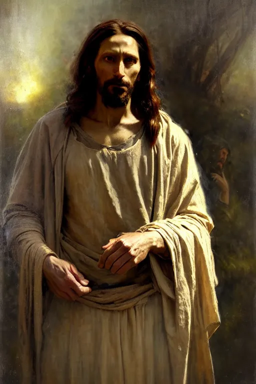 Image similar to photograph imax and solomon joseph solomon and richard schmid and jeremy lipking victorian loose genre loose painting full length portrait painting of jesus