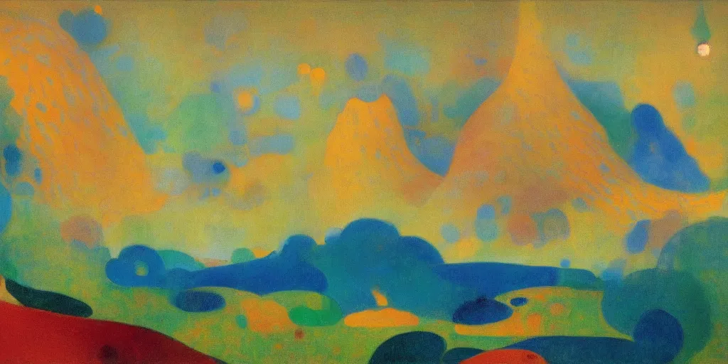 Image similar to An insane, modernist landscape painting. Wild energy patterns rippling in all directions. Curves, organic, zig-zags. Mountains, clouds. Rushing water. Waves. Psychedelic dream world. Odilon Redon. Alex Katz.