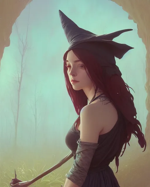 Image similar to highly detailed vfx portrait of a witch, unreal engine, greg rutkowski, loish, rhads, beeple, makoto shinkai and lois van baarle, ilya kuvshinov, rossdraws, tom bagshaw, alphonse mucha, global illumination, detailed and intricate environment