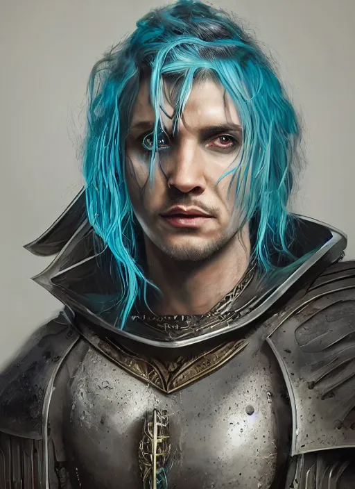 Image similar to A striking epic hyper real portrait painting of aasimar hexblade warlock, teal electricity, male, shaggy silver hair, short beard, 4k, 8k, Apex Legends Concept Art, D&D Concept Art, unreal 5, DAZ, hyperrealistic, octane render, cosplay, RPG portrait, dynamic lighting