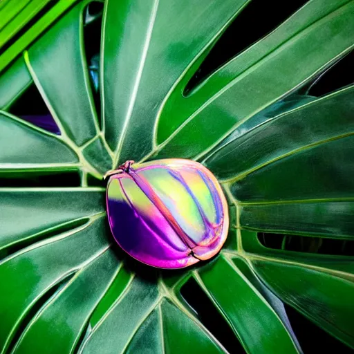 Image similar to an iridiscent scarab walking on top of a monstera leaf, 35mm, f1.8, realistic