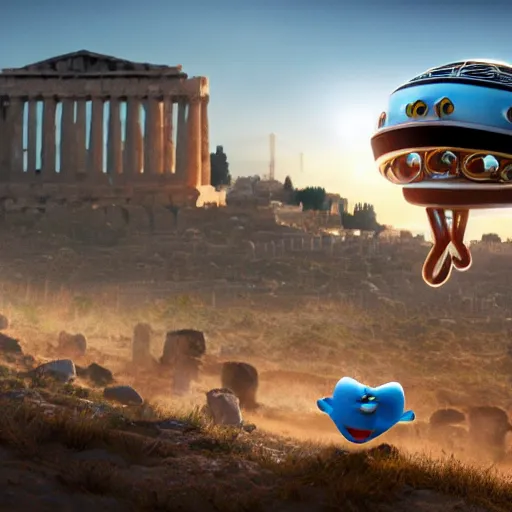 Image similar to Pixar movie about an Donald Trump invasion of Ancient Athens, UFOs, portrait, intricate, 8k highly professionally detailed, HDR, CGsociety