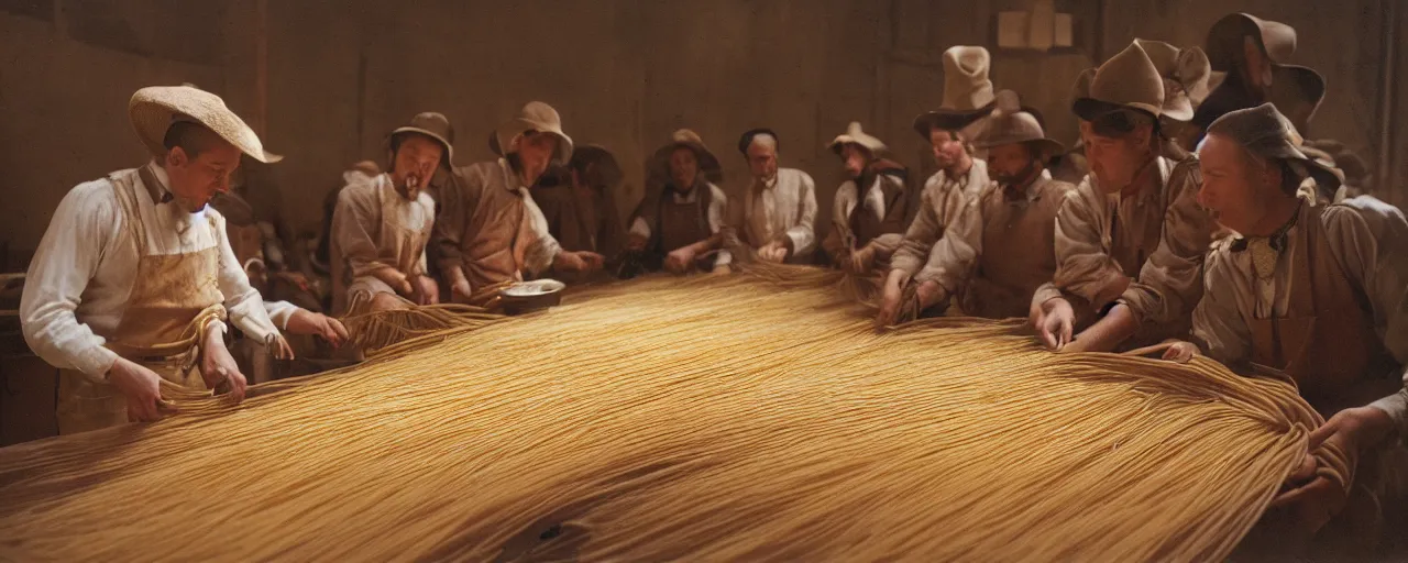 Image similar to wide shot harvesting spaghetti during the gold rush, no faces, intricate, sigma 5 0 mm, cinematic lighting, photography, wes anderson, film, kodachrome