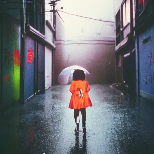 Image similar to 1990s perfect 8K HD professional cinematic photo of close-up japanese schoolgirl walking in dystopian alleyway with neon signs, at evening during rain, at instagram, Behance, Adobe Lightroom, with instagram filters, depth of field, taken with polaroid kodak portra