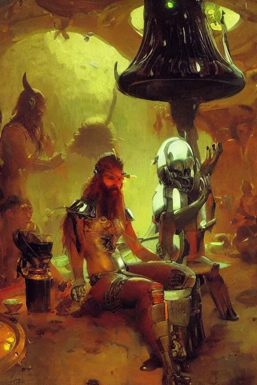 Image similar to portrait of a space viking drinking in an alien tavern. art by ilya repin.