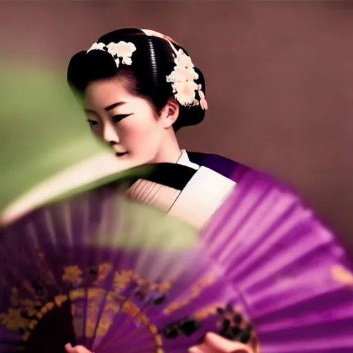 Image similar to Japanese geisha with beautiful violet paper fan, 4k photography, 30 mm lens, cinematic light, warm atmosphere, in style of Kar Wai Wong, cigarette smoke trail