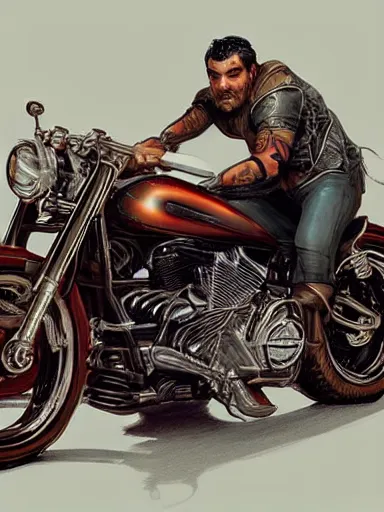 Prompt: handsome man. prancing a harley davidson. intricate, elegant, highly detailed, digital painting, artstation, concept art, sharp focus, illustration, by justin gerard and artgerm, 8 k