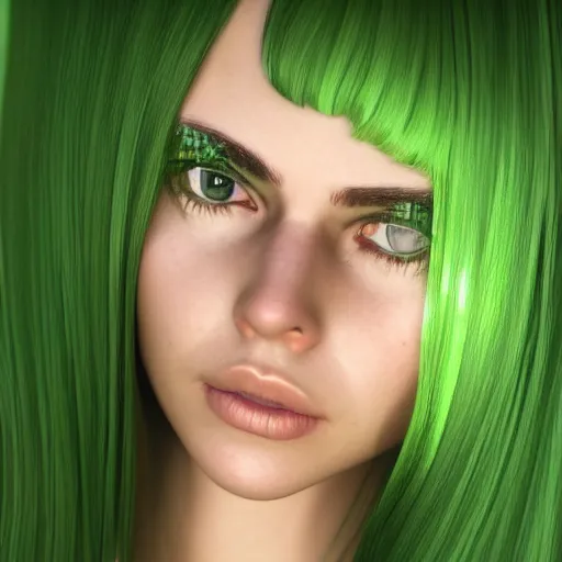 Image similar to portrait of missy, a young woman with long dark hair, green eyes and green hair, ultra detailed, photo realistic, trending on artstation, octane render