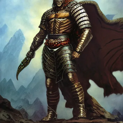 Image similar to serpent - man warlord wearing bronze age plate armor, horrific background symmetrical, zoom out, high quality, high definition, 8 k, photograph photorealistic by frank frazetta