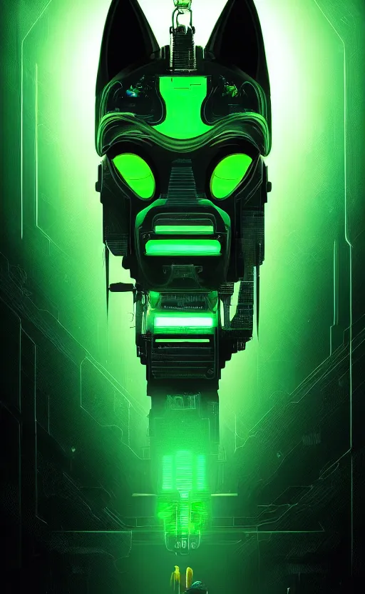 Image similar to poster style, a beautiful and terrifying painting with high details a digital portrait of cyber anubis with robotic jackal head in style of green neon, cyber noir, movie atmosphere, movie lights, 8 k, light effect, rtx on, trending on artstation, by kilian eng, lee madgwick, bastien lecouffe - deharme