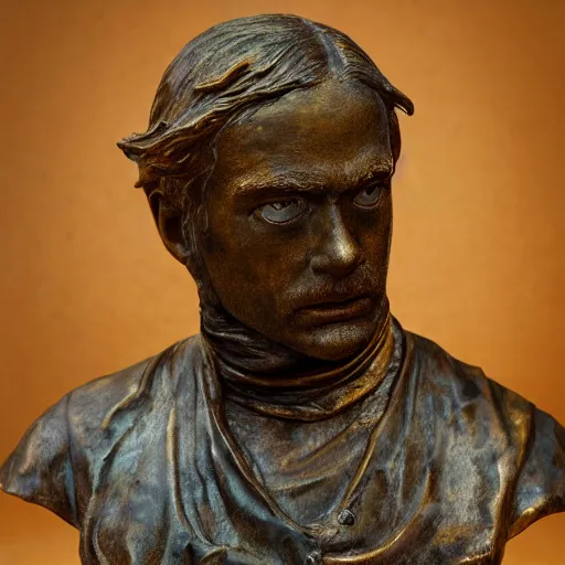Image similar to detailed photo of an old bronze patina statue of a ewan mcgregor bust, intricate detail, museum lighting