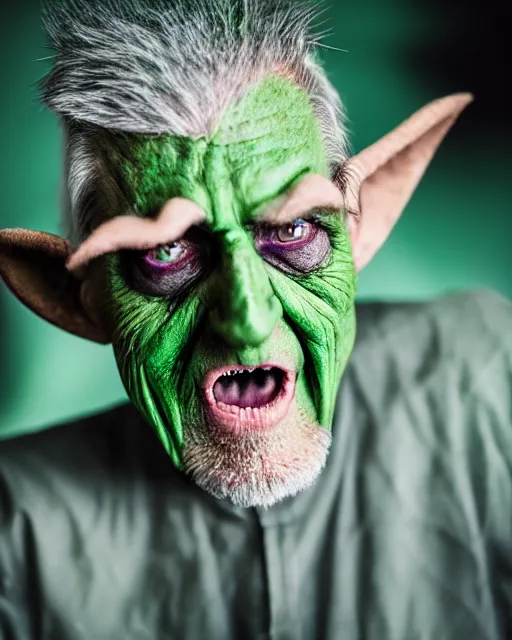 Prompt: A studio photo of the supervillain Green Goblin as an old man, 50 years old, bokeh, 90mm, f/1.4