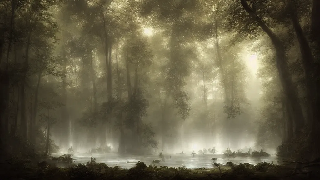 Prompt: a clearing with a deep pool of water, a sanctuary in the dark, dense forest. andreas achenbach, artgerm, mikko lagerstedt, zack snyder, tokujin yoshioka