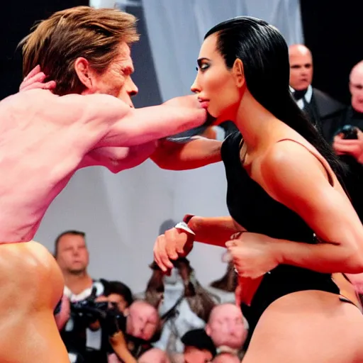 Image similar to willem dafoe fight kim kardashian in ring