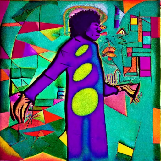 Prompt: jimi hendrix by lion feininger and paul klee, psychadelic