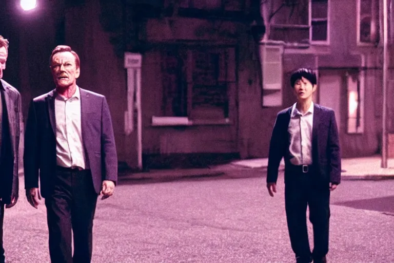 Image similar to film still of bryan cranston and jungkook in cosmic horror! the musical by david cronenberg, walking together, budapest street background, 3 5 mm film, atmospheric, ultra fine detail, film grain, photorealistic, hyperrealistic dramatic lighting