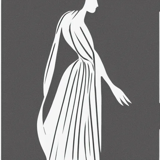 Prompt: a black and white line drawing of the silhouette of a woman with long curly hair using a dress