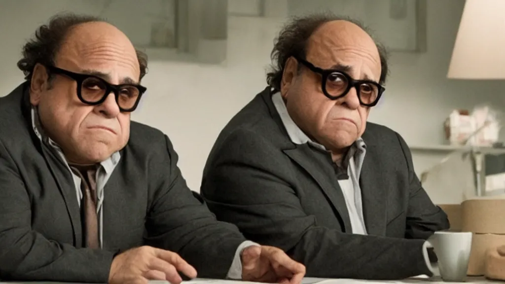 Image similar to danny devito bleary eyed at a computer, film still from the movie directed by Denis Villeneuve