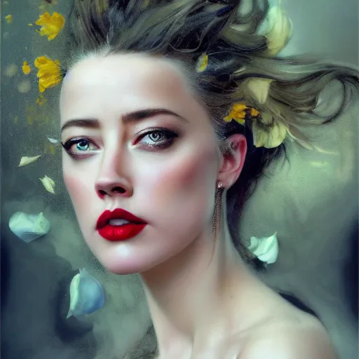 Image similar to hyperrealistic portrait of a woman as amber heard as a vampire witch tears makeup bun in a black flower coat turned back reflection in a window portrait cracks with falling petals. by jeremy mann and alphonse mucha, fantasy art, photo realistic, dynamic lighting, artstation, poster, volumetric lighting, very detailed faces, 4 k, award winning