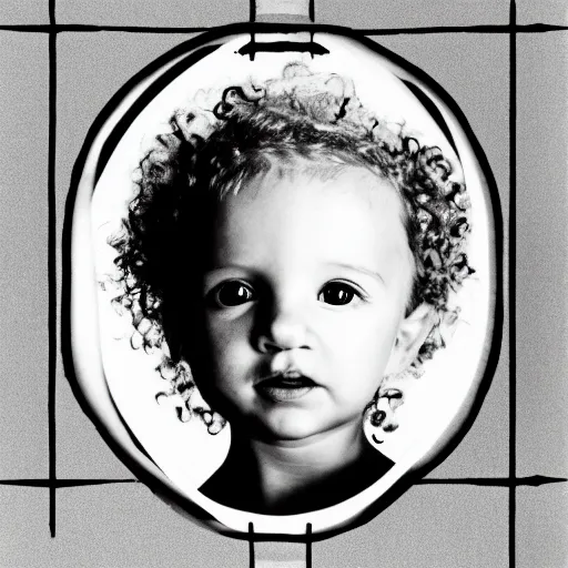 Prompt: symmetrical human portrait of baby maggie simpson with blonde curly hair, grainy high contrast black and white photography photo print ilford warm tone