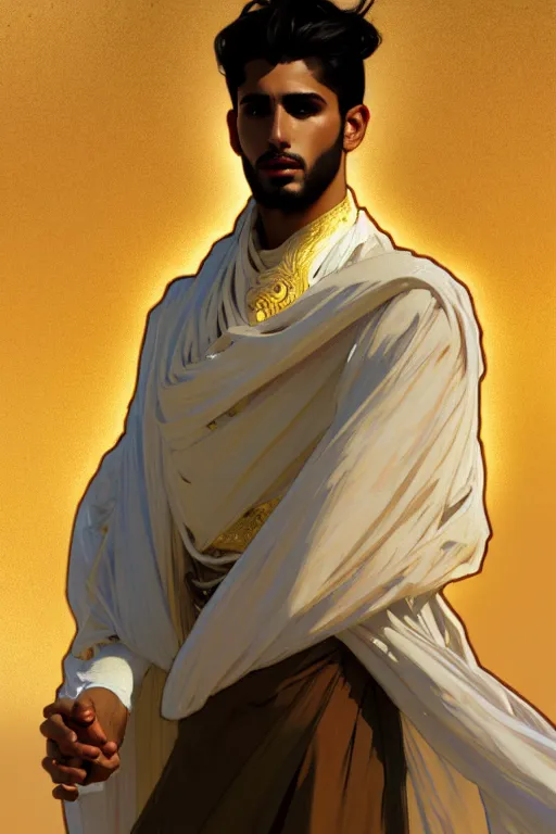 Prompt: full figure beautiful young arab man, dressed in expensive clothes, luminous scene, by greg rutkowski and alphonse mucha, d & d character, gradient white to gold, in front of a dune desert background, highly detailed portrait, digital painting, artstation, concept art, smooth, sharp focus illustration, artstation hq