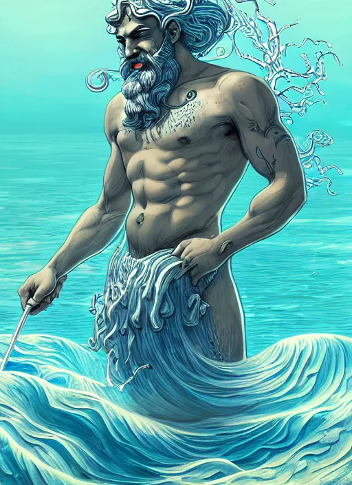 Prompt: an illustration of poseidon, fantasy, highly detailed, digital painting, refreshing, trending on artstation, concept art, smooth, illustration by james jean