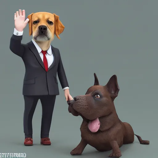 Image similar to Dog in a suit waving goodbye to his doggie coworkers, animal workers, 8k, highly detailed, realistic, unreal, trending artstation,