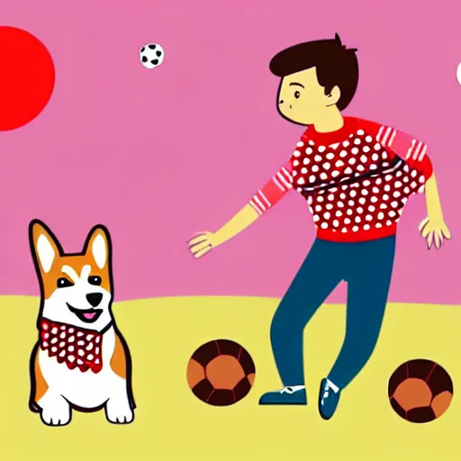 Image similar to illustration of boy playing football with a corgi wearing a polkadot scarf on the streets of paris