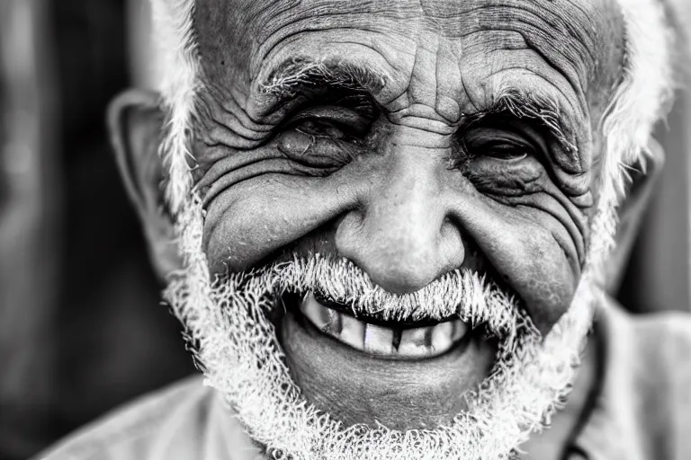 Image similar to still photo of an arab old man smiling at the camera on the street, black and white color aesthetic, highly detailed, photorealistic portrait, bright studio setting, studio lighting, crisp quality and light reflections, unreal engine 5 quality render