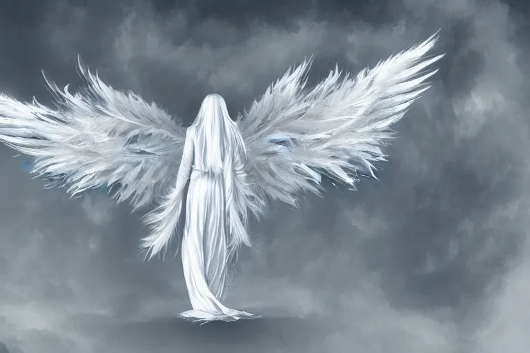 Image similar to a white angel with feathered wings open, digital art, 4k