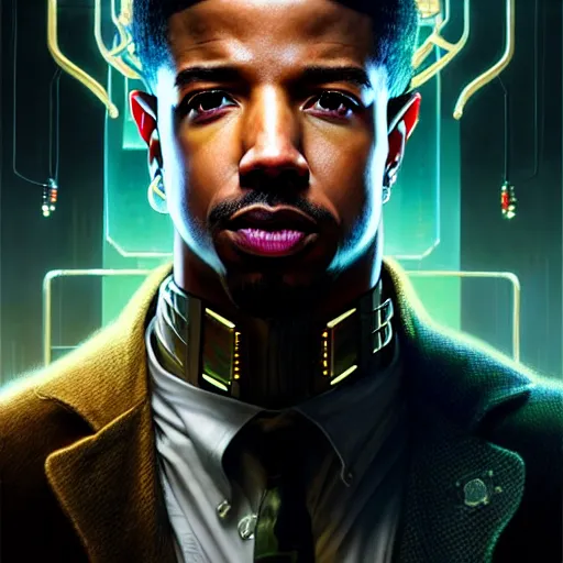 Image similar to portrait painting of a cyberpunk corporate boss elven michael b. jordan, ultra realistic, concept art, intricate details, eerie, highly detailed, photorealistic, octane render, 8 k, unreal engine. art by artgerm and greg rutkowski and charlie bowater and magali villeneuve and alphonse mucha