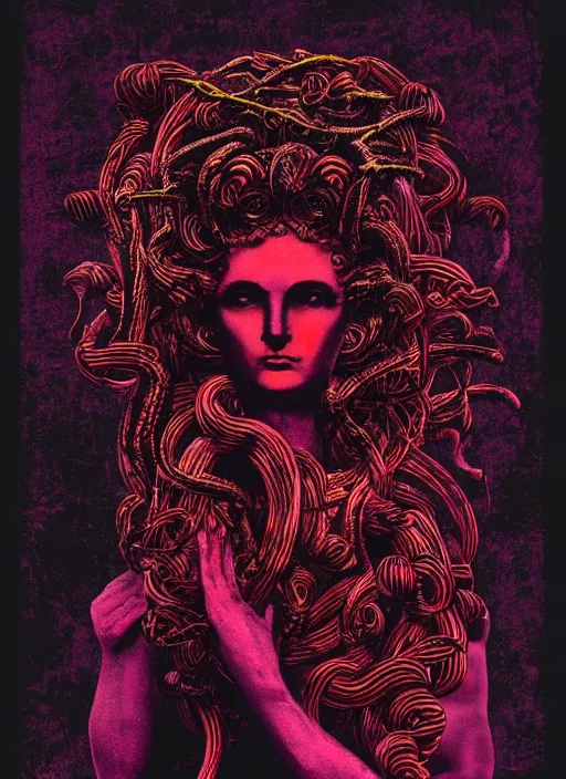 Image similar to dark design poster showing a statue of medusa, black background with very subtle red and purple design elements, powerful, nekro, vito acconci, thin straight lines, dark, glitch art, neo vaporwave, gritty, layout frame, square, trending on artstation